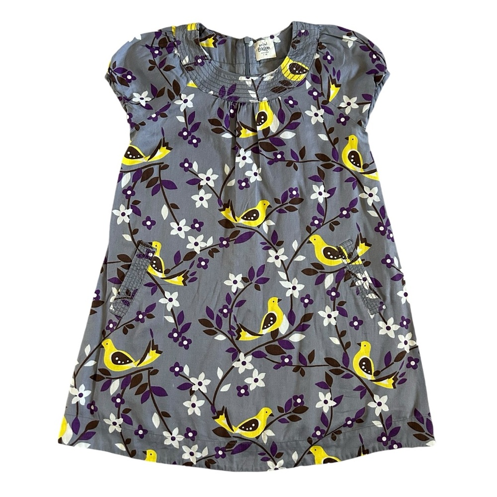 Mini Boden Tunic Dress Pockets Short Sleeve Floral Birds 6 7 8